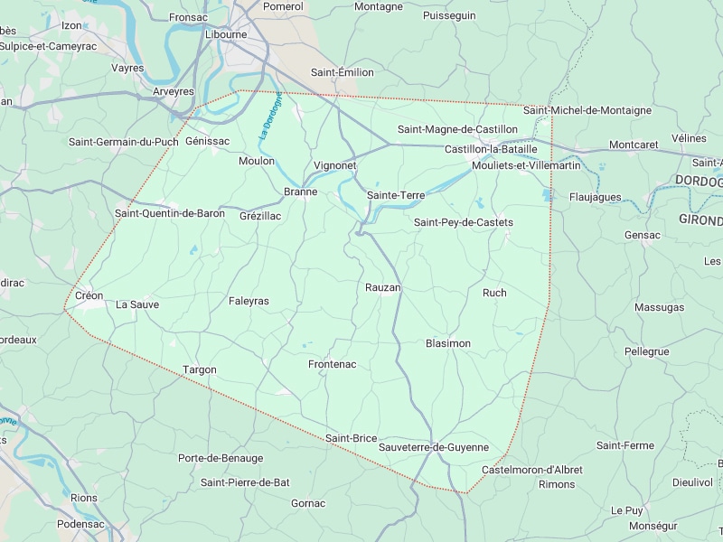 Carte de l'Entre-deux-Mers : communes et villes de Gironde Carte de l'Entre-deux-Mers avec Rauzan, Sauveterre-de-Guyenne et Saint-Émilion délimités par une ligne orange en Gironde.